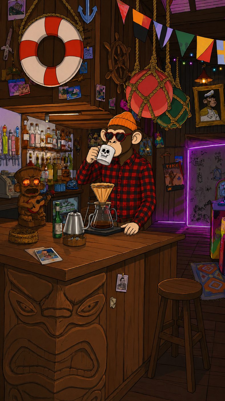 Beanie behind his own counter
